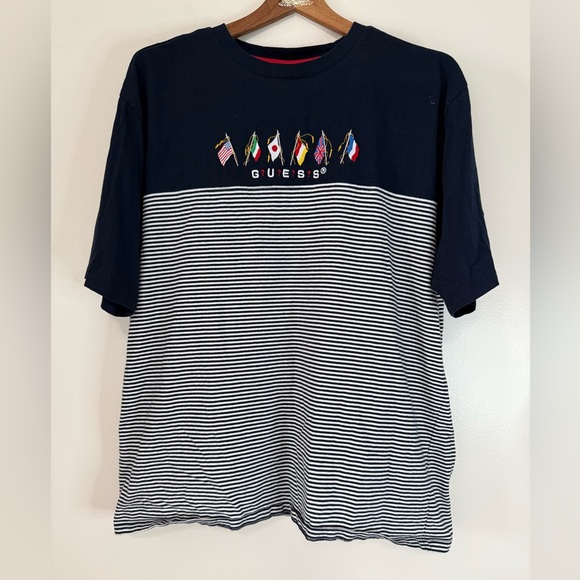 Guess Other - GUESS Men’s Navy & white Striped T-Shirt with embroidered flags in size large